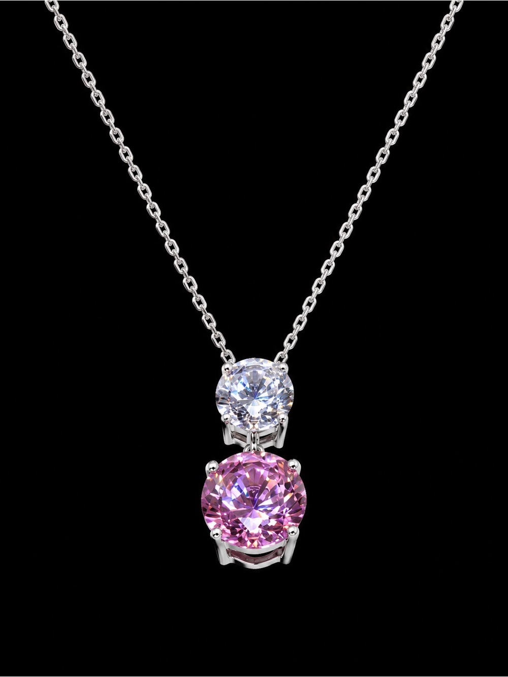 Crislu Pink & Clear CZ Pendant Necklace, Silver Setting, NIB